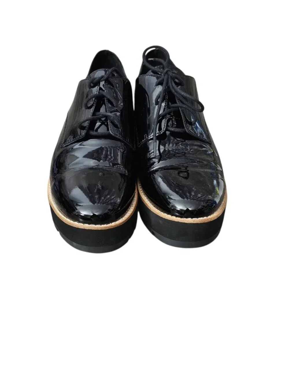 Eileen Fisher Eddy Patent Leather Platform Oxford Chunky Lug Shoes New Black 9.5